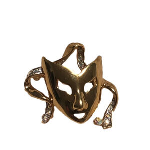 VTG Butler Gold Theatrical Mask Brooch Gold Tone Mask Pin w Rhinestones